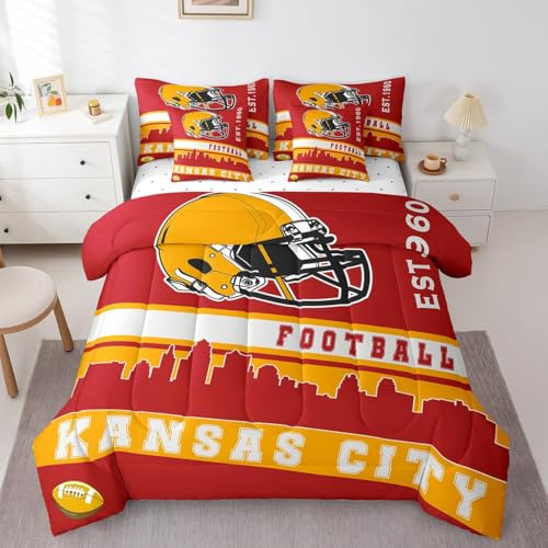 Erosebridal Football 7 Pcs Comforter Set Queen Football Fans Bedding for Kids Footballs City Sheet Set Bed in A Bag Red Yellow Rugby Competition Room Decor Sports Ball Game Bed Set