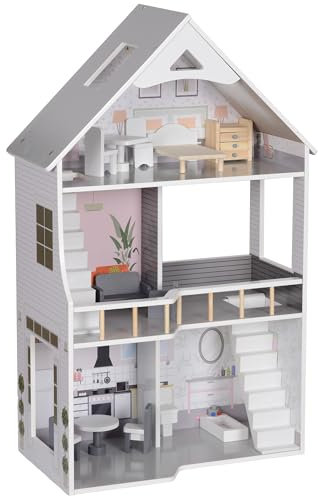 AIYAPLAY Puppenhaus aus Holz, 3-stöckiges Spielhaus mit 13 Möbelstücken, Zubehör, 85,3 cm Hoch Dollhaus für 3-6 Jahre Kinder, Grau