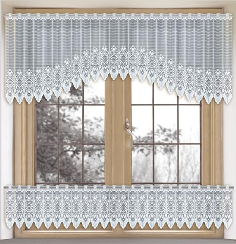 Gardinen Vorhangen Weiß 300x60 + 300x30 (BxH) Set Minusia Lambrequin Bogenstores Kurz Jacquard Scheibengardine Fertiggardine Küchengardinen Bogen Kurzstores