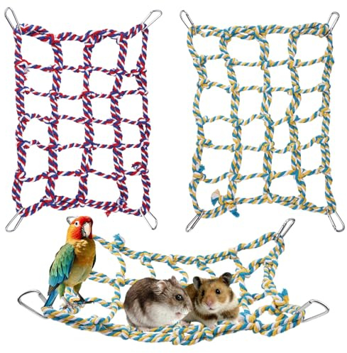 2 Stück Vogel Seil Kletternetz, 35 × 25 cm Gewebtes Kletternetz mit 4 Haken, Buntes Vögel Seil Kletternetz, Farbiges Kletterseilnetz für Kleintiere, Papagei, Hamster, Eichhörnchen, Frettchen