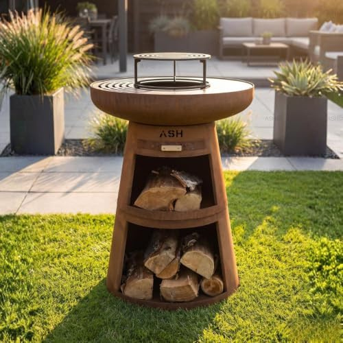 Plancha Acier Corten Couleur Rouille Plaque de Cuisson Exterieur Anneau de Barbecue Cheminee de Jardin Rangement du Bois Aspect Luxueux