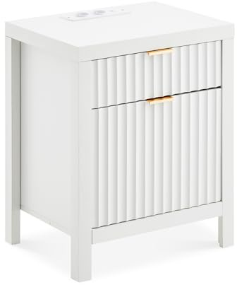 CLIPOP Nachttisch mit Ladestation, Nachtschrank mit 2 Schubladen, Nachtkästchen Geriffelter, Beistelltisch aus Holz für Schlafzimmer, Wohnzimmer, Moderner Lagerschrank, weiß, 50x38x63cm