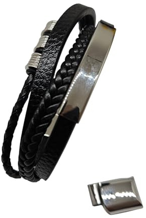 MYSTIC JEWELS - Bracciale da uomo in pelle in acciaio inossidabile - nero - regolabile - Design moderno con scatola regalo, Talla única, Pelle, Nessuna pietra preziosa