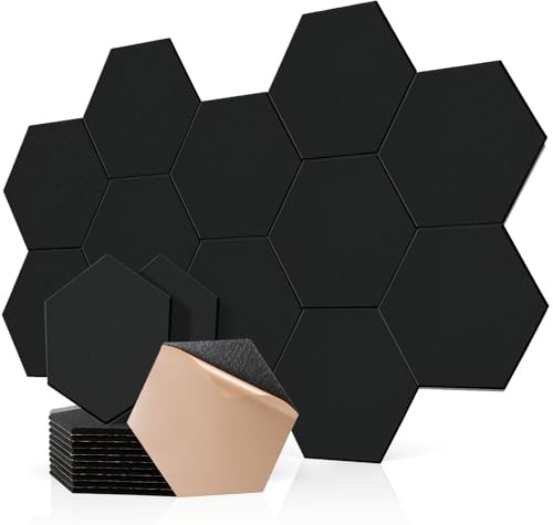 Putentfun 48 Pack Hexagon Acoustic Panels Self-adhesive,12x10x0.4 High Density Sound Proofing Panels for Walls, Sound Deadening Insulation Treatment Sound Absorbing for Studio, Office, Home, Black