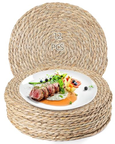 yeeplant 12 manteles individuales tejidos de césped natural, 12 pulgadas, redondos, resistentes al calor, de ratán rústico