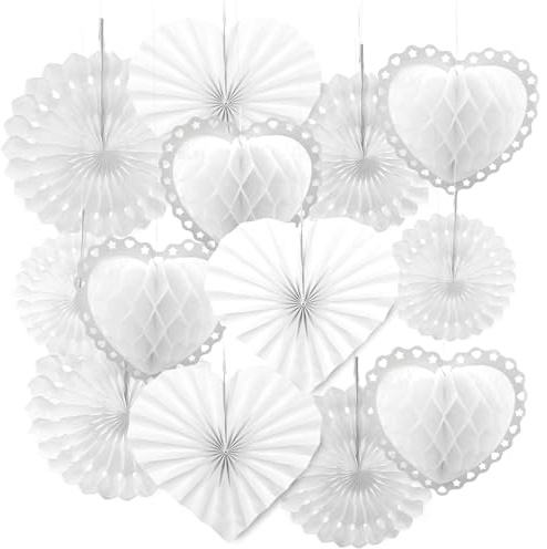 Daily Treasures Weiße Herz Deko zum Aufhängen – 13-tlg. Set mit 3D-Papierfächern, Honigwaben-Herzen & Bommeln für Hochzeit, Valentinstag, Bridal Shower, Jubiläum, Geburtstag, Verlobung (Weiß)