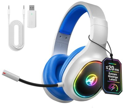 Awinnasey PH1 Kabelloses Gaming-Headset 50H Akku & Spielen beim Laden | 2.4GHz+BT(≤20ms), Surround Sound Kopfhörer Mit Mikrofon für Streaming, Kompatibel für PS5/PS4/Switch, Weiß Blau