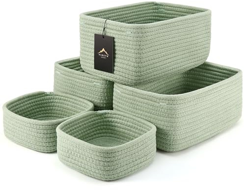 VIRETH HAUS 5-Pack Small Woven Rope Storage Baskets – 2 Sizes Organizer Bins for Closet, Shelf, Bookshelf, Nursery, Changing Table, Fabric Cube Boxes, Rectangular Shallow Bins for Bathroom, Toy & Home