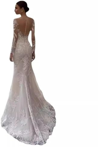 BTAISYDE Elegant Mermaid Wedding Dress, White Lace, Long Sleeve, Illusion Back, Deep V-Neck, Fitted Bridal Gown with Court Train (24W)