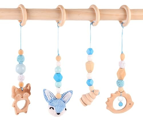 Whcctl 4 Stück Spielebogen Babies Holz, Spieltrapez Baby, Baby Gym Holz, Anhänger Spielbogen, für Mädchen Jungen Babyspielzeug, ab 0 Monate Spielebogen (Blau)