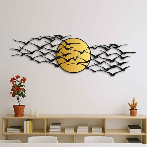 KAWA METALWORKS Wanddekoration aus Metall mit goldener Sonne, Vogelschwarm, Wanddekoration für Wohnzimmer und Schlafzimmer, extra große Metall-Wanddekoration für drinnen und draußen, Heimdekoration