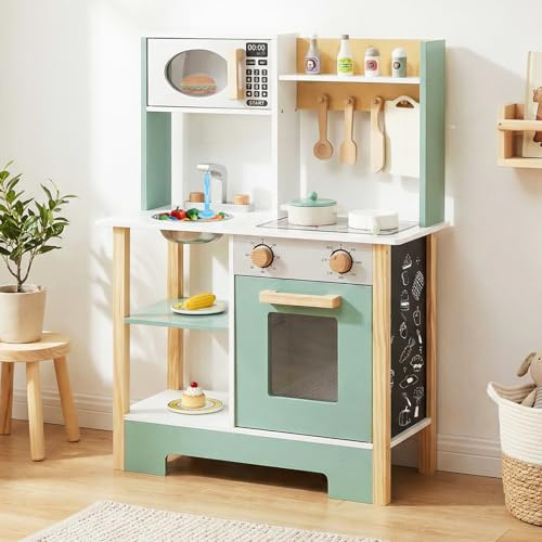 HONEY JOY Play Kitchen with Chalkboard, Wooden Kids Kitchen Playset, Stove, Microwave, Faucet & Sink, 13 Cook Accessories, Storage Cabinet, Toy Kitchen Set, Gift for Toddlers Boys Girls, Green
