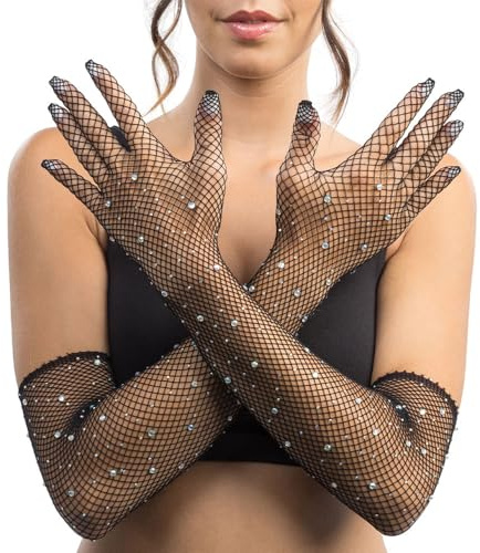 Chaks - Guantes de red para mujer, guantes brillantes con pedrería | Accesorio de moda para festivales, discotecas y fiestas, guantes de rejilla de talla única con adornos de strass
