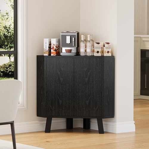 Armario Esquinero Industrial De 3 Niveles: Mueble De Almacenaje Triangular Que Ahorra Espacio Con Puertas Acanaladas y Estante Ajustable. Organizador Multiusos Para Sala, Cocina y Comedor. Marrón/Negr
