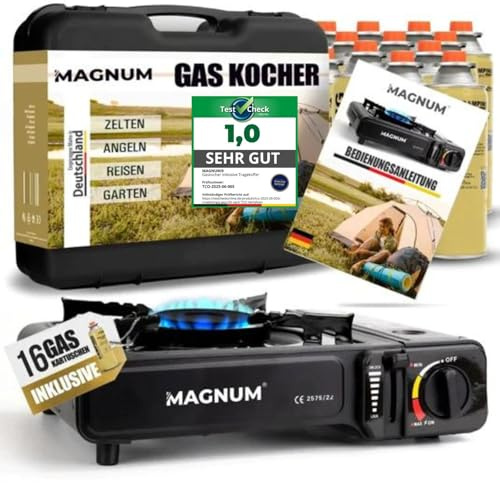 MAGNUM® Gaskocher [inkl. 16x Gaskartuschen] Campingkocher [Piezozündung] | Camping Gaskocher | 2,1 kW | 16x Gaskartuschen | Piezozündung | 155 g/h Gasverbrauch | Notfall Ausrüstung