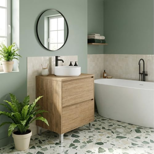 SANIVERRE Meuble Vasque à Poser sur Pied 2 Tiroirs L.60 cm Chêne Naturel Collection Salle de Bain LISBONA sans Colonne