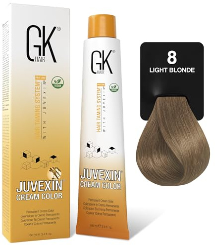Global Keratin GK HAIR Professional Hair Color Cream Tube 3.4 Fl Oz Nourishing & Cleansing Colors for Styling High Performance Long Lasting Permanent Natural Toner Dye, Naturals - 8 Light Blonde