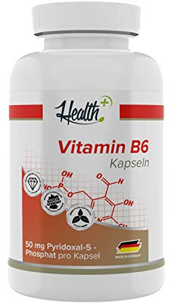Health+ Vitamin B6 - 120 Kapseln mit 50mg P-5-P pro Kapsel, aktive Form von B6, für den Eiweißstoffwechsel und die Regulierung der Hormontätigkeit, Made in Germany
