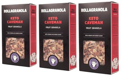 Rollagranola - Keto Caveman, Fruit Granola, 3 x 300g Box - Keto Granola, High Protein, Low Carb, Vegan, Gluten Free & Cereal Free with No Added Sugar, Handcrafted in the UK (3 x 300g)