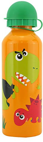 Hovuk® Kinder-Sport-Trinkflasche, 500 ml, aus Aluminium mit aufgedrucktem Kindercharakter, Crazy Dino, Orange, verwendbar für Unisex Kinder ab 3 Jahren