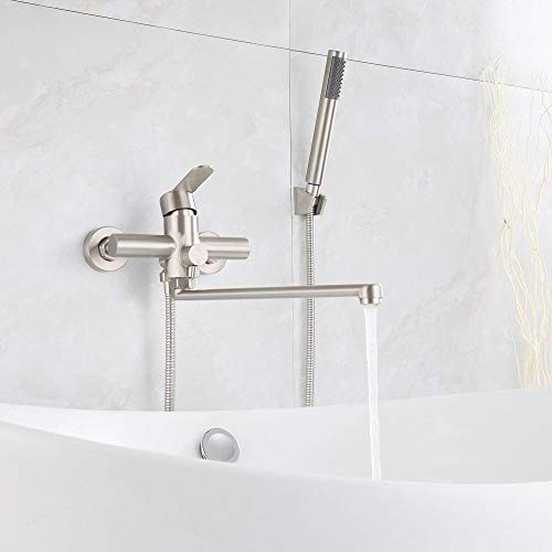 HomeLava Grifo de Bañera con Alcachofa, Caño de 35cm de Largo, Grifo de Baño y Ducha, Instalación en Pared, Acero Inoxidable 304, Cepillado