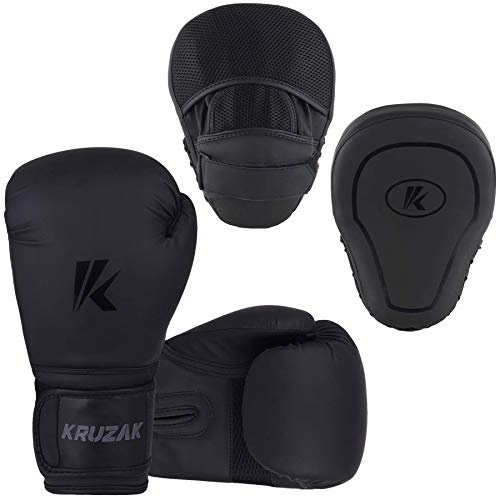 Kruzak Matte Black Boxing Gloves and Focus Mitts Set for Kickboxing and Muay Thai MMA Training - Fitness Kit with Punching Pads for Martial Arts and Karate (Matte Black, 12 oz)