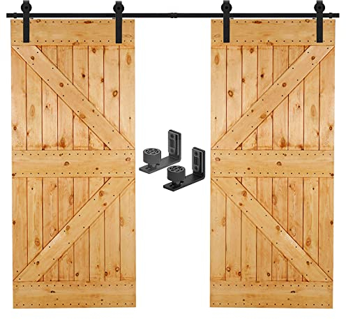 CCJH 6.6FT/200cm Schiebetürbeschlag Set Laufschienen für Schiebetür Hängeschiene Schiebetürsystem für Doppeltür Mit Einstellbar Bodenführung