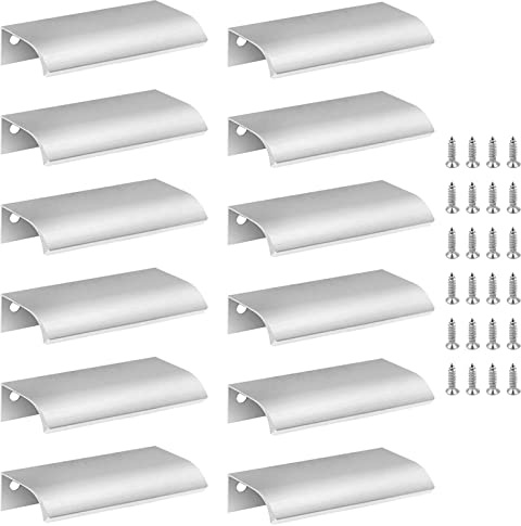 Cjueiom Concealed Kitchen Cupboard Handles, 80mm, Silver, 12 Pack | 64mm Hole Center, Hidden Drawer Pulls, Finger Edge Pull, Aluminum, Invisible Door Knob for Wardrobe