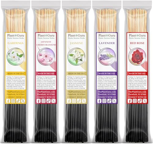 Floral Incense Sticks Variety Set Bulk 500 Pack Sampler 11 Sticks - 5 Bundles of 100 Sticks Per Bundle. Gardenia, Japanese Cherry Blossom, Jasmine, Lavender, Red Rose.