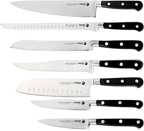 Fagor Couper Juego 7 Cuchillos Cocina Profesional, Hoja Acero Inoxidable, Chef 20 cm, Jamonero 25 cm, Santoku, Pan, Trinchar, Universal, Pelar, Mango Ergonómico