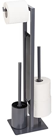WENKO Stand Rivalta - Scopino WC autoportante con scopino, porta rotolo di carta igienica e di ricambio, in acciaio laccato opaco, divisorio in vetro di sicurezza, 18 x 70 x 23 cm, colore: Grigio