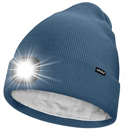 ATNKE LED Mütze mit Licht,Wiederaufladbare USB 4 LED Beleuchtete Laufmütze Extrem Heller Lampe Winter Warme Gefüttertes Fleece Stricken Mütze für Herren und Damen Geschenke