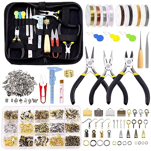 GLARKS Kit de suministros para hacer joyas de 950 piezas con herramientas, alicates, alambres, accesorios, herramientas de medición para manualidades de aretes, collares, reparación