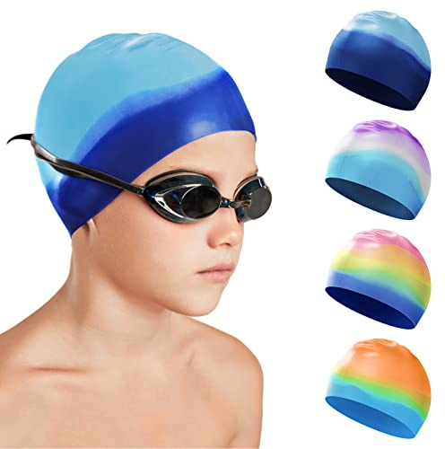 Swimming Cap, 100% Silicone Swim Stretchable and Comfortable Kids Spacious Waterproof Hat for Long Hair/Short Hair/Girls/Boys/Kids/Teens/Children (Light Blue/Dark Blue)