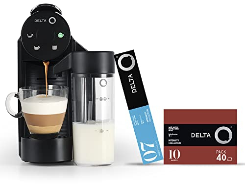Delta Q - Cafetera de Cápsulas Mini MilkQool - Color Negro - 20 Bares de Presión - Capacidad 0,6 L - Con Depósito de Leche - Incluye 40 Cápsulas Intensidad 10 y 10 Cápsulas Descafeinado
