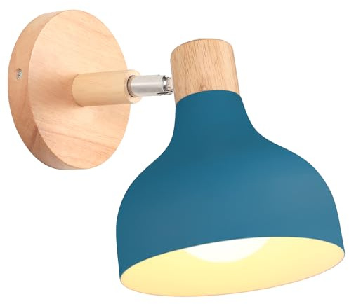 iDEGU Wandlampe Retro E27 Wandleuchte Moderne aus Holz Metall im Skandinavischen Stil Lampenschirm Tropfenförmig Verstellbare Wandspot Vintage Lampe für Schlafzimmer Wohnzimmer (Oxford-blau, 1 Stück)