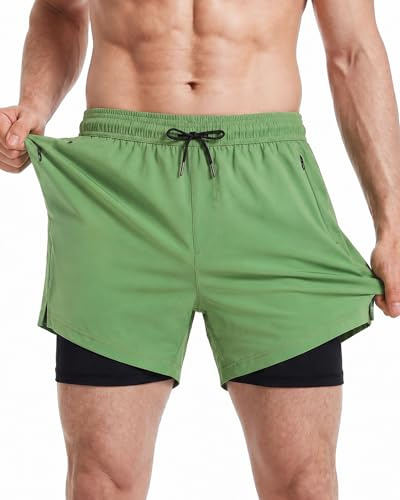 maamgic 5.5 2 en 1 Bañador con Forro de Compresión con Cremallera Hombre Shorts de Baño Shorts de Playa Traje de Baño para Natación Secado Rápido para Vacaciones,Verde Hierba Negro CR 5,5,XXL
