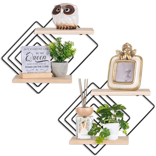 Walasis Wandregal Schwarz Metall Regal Wand 2er Set Modern Wandregale Wanddeko Wohnzimmer Holz Schweberegal