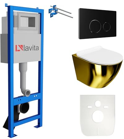 lavita Lavita LAV 101 elemento de pared para inodoro 40 cm + inodoro lavabo suspendido SOFI SLIM GOLD/WHITE sin borde + panel de control LAV 200.4.4 negro | Conjunto completo | Cisterna empotrada | J
