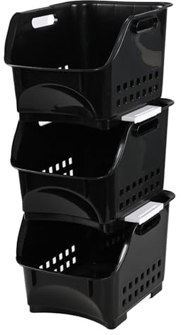 Buyitt 3 Pack Plastic Stackable Storage Bins, Kitchen Stacking Baskets Rack for Organising Fruits Vegetables, Black