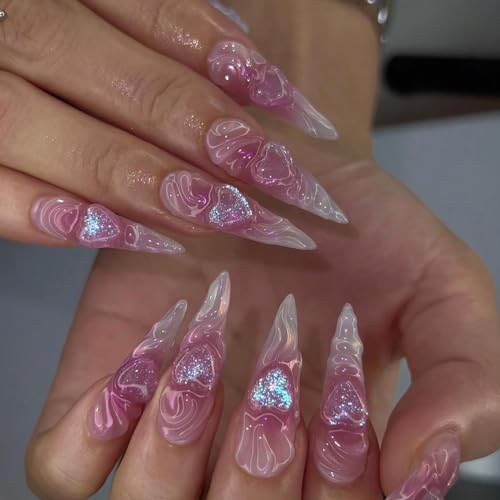 MouyouGlow Press on Nails Extrem Long,Stiletto Ombre Neon Roas Pink Magenta 3D Herz Love Glitzer Y2K Fake Nails mit Nagelkleber,Valentines Künstliche Fingernägel