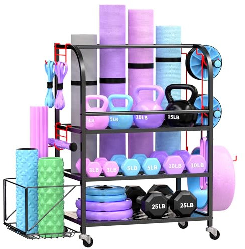 Home Gym Organizer – Aufbewahrungsregal für Yogamatten, 180 kg, Metall, Aufbewahrungswagen für Fitnessgeräte mit großem Korb und beweglichen Haken, Hantelablage und Gewichtsaufbewahrungsregale für
