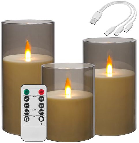 Da by Candela LED ricaricabile, candela con interfaccia di ricarica di tipo C, confezione da 3, con timer di controllo remoto per un massimo di 240 ore di utilizzo. Stoppino a fiamma (grigio)