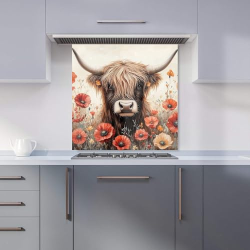 Premium Highland Cow And Summer Flowers Kitchen Splashback 6mm Toughened Glass Kitchen Splashback – Heat Resistant Splashback for Kitchens, Perfect for Cookers and Hobs, Polished Edges