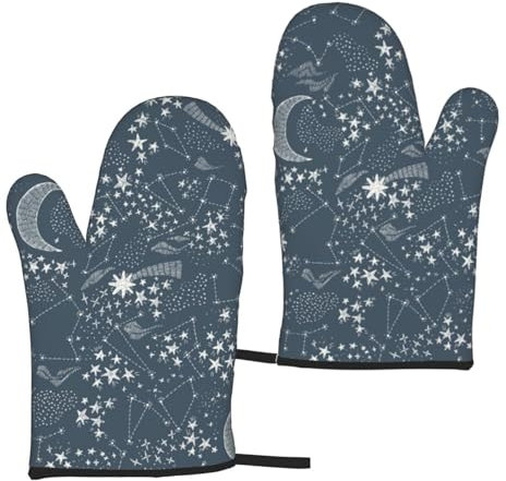 Oven Mitts Set of 2,Celestial Stars And Moon Heat Resistant Kitchen Oven Gloves for Cooking Grilling Baking BBQ