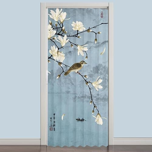 Falttür aus PVC-Kunststoff, Motiv: blaue Blumen und Vögel, für Schrank, Küche, Wäsche, 124,5 x 203,2 cm, Blau