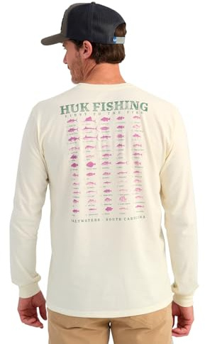 HUK Mens Pocket Tee, Comfortable Performance Fishing Long Sleeve T-Shirt with Chest Pocket, Saltwater Fish - Egret, Medium