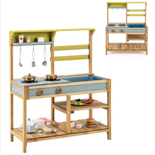 HOMASIS Matschküche Kinder Outdoor, Kinderküche mit Waschbecken Spüle Herd, Spielküche Holz, Spielzeugküche mit 3 Haken & Regalen, Holzküche Gartenküche für Kinder ab 3 Jahren (Natur)