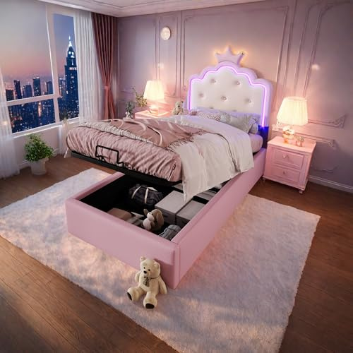 Wyibwy Cama Acolchada 90 x 200 cm,Cama contenedor hidráulico,Cama Individual con luz Ambiental con Mando a Distancia,Forma de Corona de Princesa,Cama con somier,Material PU,para Niños,Rosa