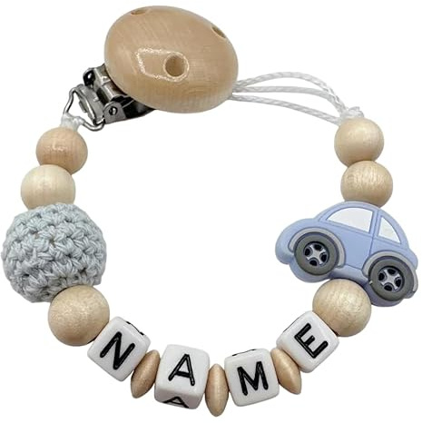 Schnullerband mit Namen für Mädchen & Jungen personalisierte Baby Geschenke (Blau Auto)